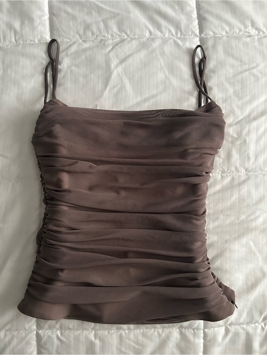 Zara Tops - Ruched Spaghetti Strap Top in Taupe